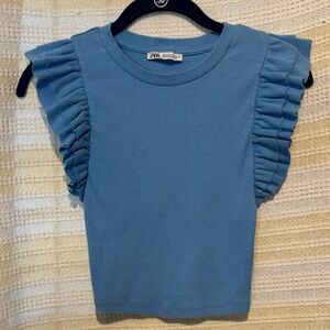 Zara Girls Blue Ribbed Ruffle Sleeve Top | Flutter Sleeve Tee | Size S (Kids)